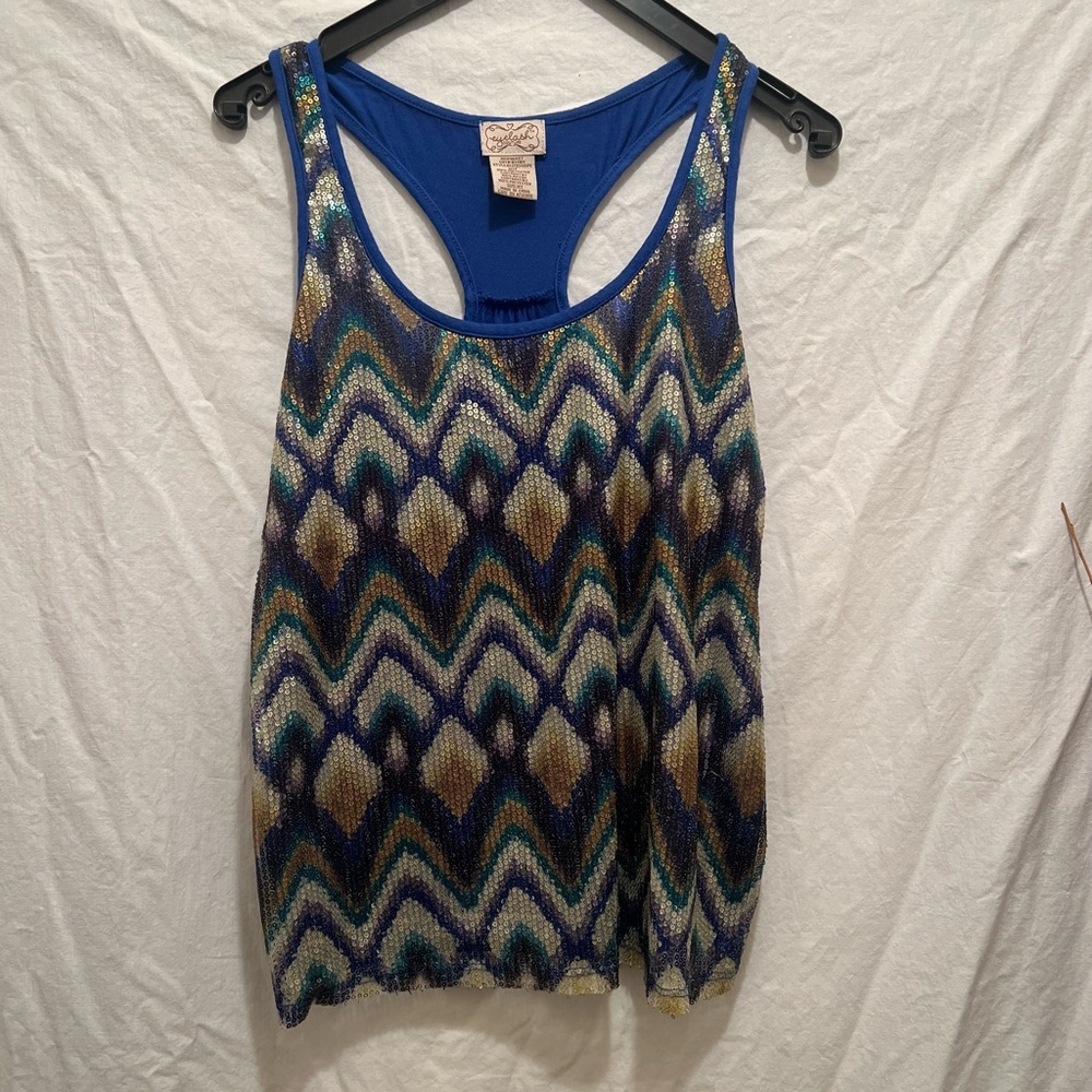 Eyelash Blue Peacock design sequined tank top XS T-back